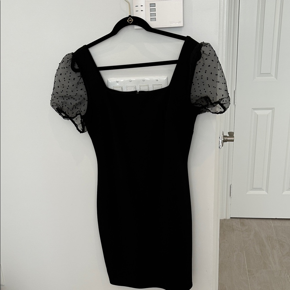 BCBG Black Mini Dress with Sheer Puff Sleeves